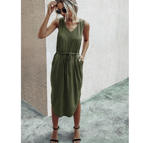 Army Green Drawstring Waist Midi Casual Dress - Picture 4 of 12